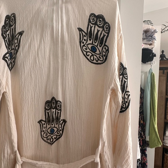 Gorgeous boho robe pool coverup with evil eye print and fringe bottom stunning!! - Picture 2 of 3